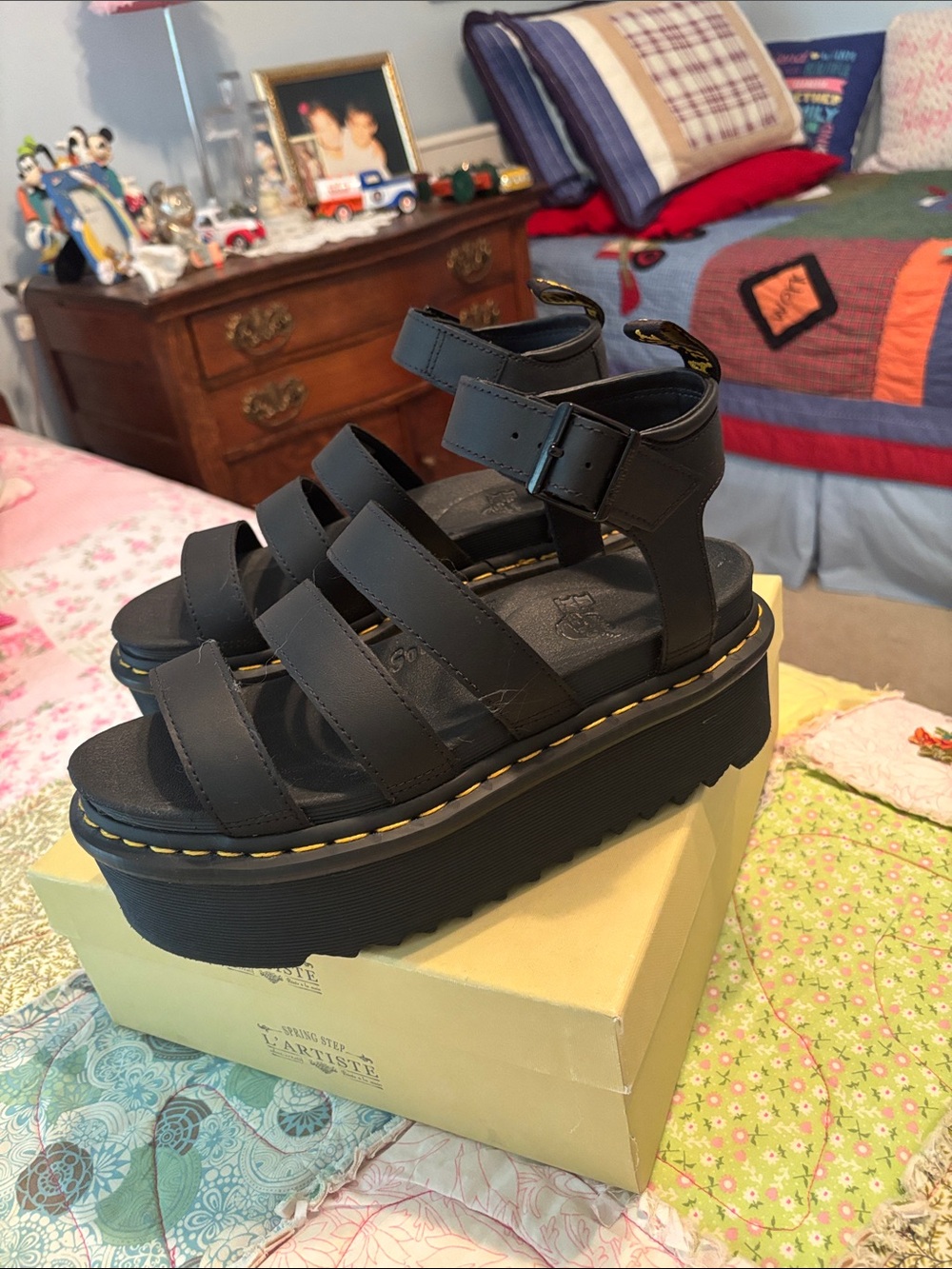 Dr. Martens Women Black Platform Strappy Sandals with Yellow Stitching-NWOT - Picture 9 of 10